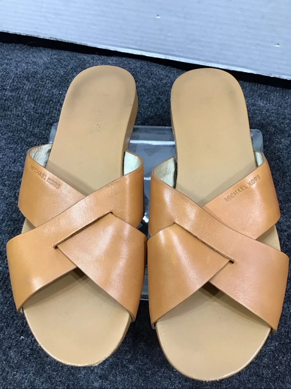 Michael Michael  Kors Cognac Somerly Leather Crossband Slide Sandals 7.5 - Picture 3 of 9